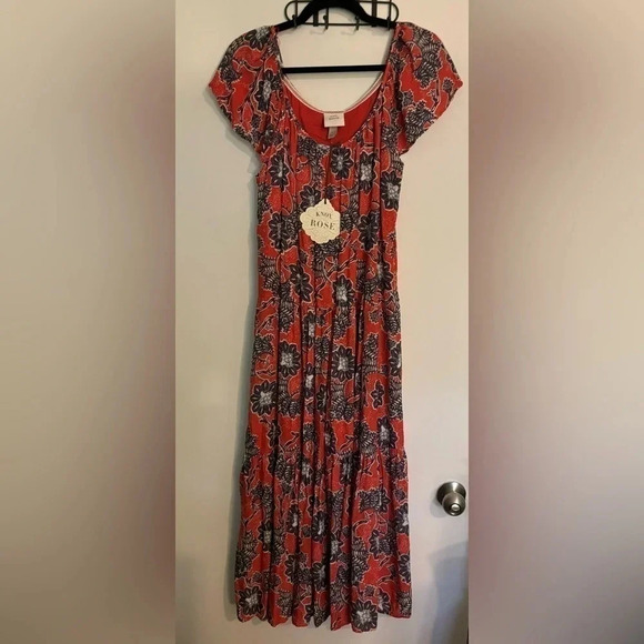 NWT‎ Knox Rose Maxi Dress Red and Blue Floral Flutter Sleeve Lined Rayon Pockets - Picture 1 of 7